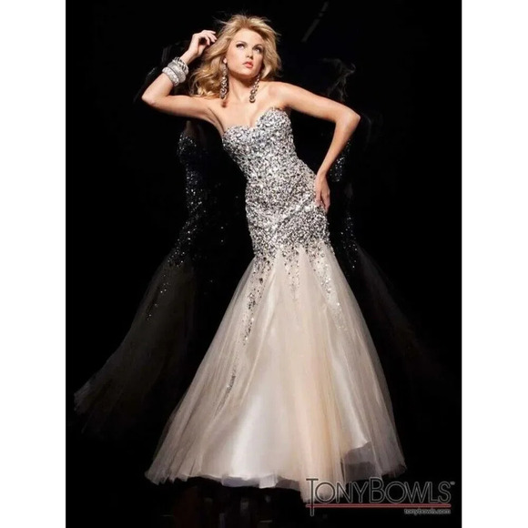 TONY BOWLS Strapless Prom Gown Long Beaded Sheer Mermaid Strapless Size 2 - Picture 1 of 8